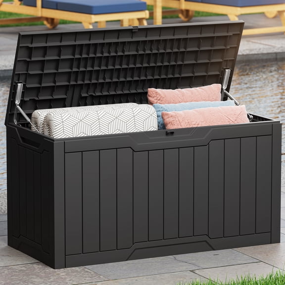 Uforic 100 Gallon Resin Outdoor Storage Box, Lockable Waterproof Deck Box for Patio Garden Cushion Tools, Black