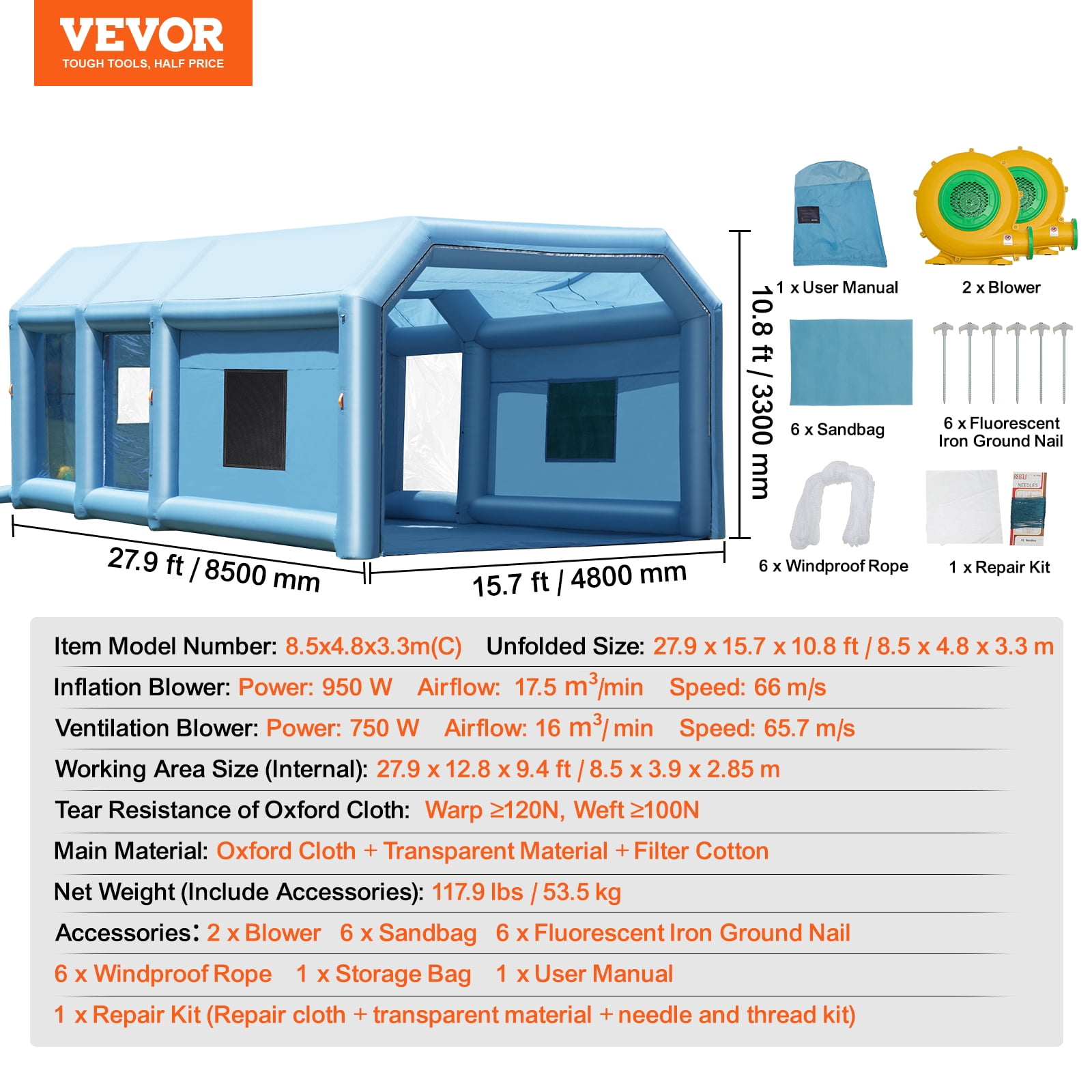 VEVOR Inflatable Paint Booth,27.9 x 15.7 x 10.8 ft Inflatable Spray Booth, Portable Car Paint Booth for Small Truck, with 950W+750W Powerful Blowers and Air Filter System,Large Motorcycle, Midsize S
