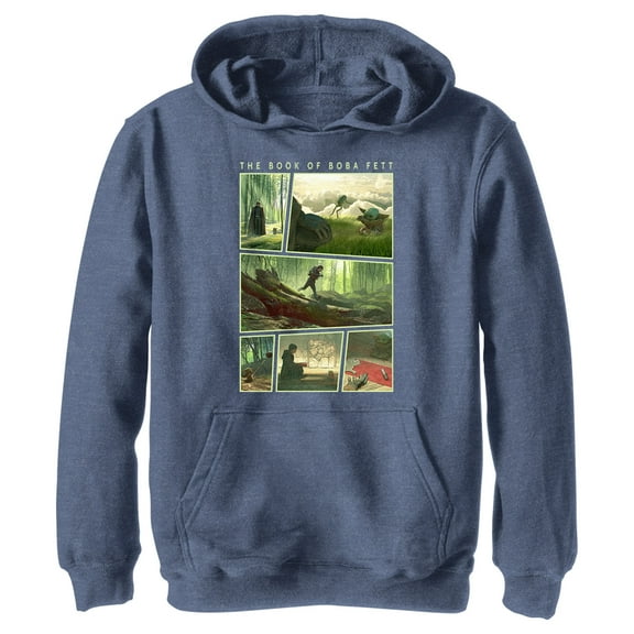 Boy's Star Wars: The Book of Boba Fett Grogu Scenes  Pull Over Hoodie Navy Blue Heather Medium