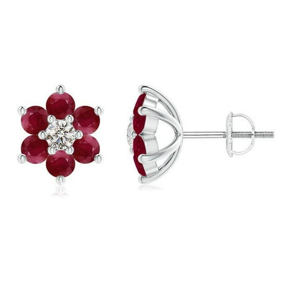 ANGARA Natural Six Petal Diamond and Ruby Flower Stud Earrings in 14K White Gold for Women (Size-1.7mm) | July Birthstone, Birthday, Anniversary, Jewelry Gift for Women | Natural Ruby Earrings