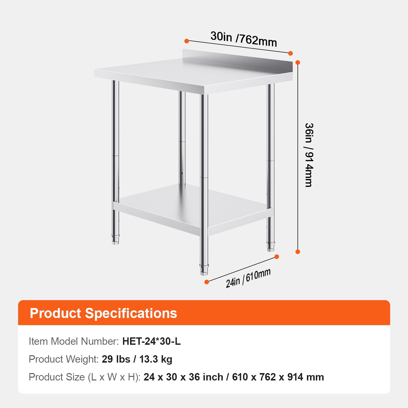KFFKFF 30" x 24'' Stainless Steel Work Table, Commercial Work Table with Backsplash, Adjustable Height, Ideal for Food Preparation in Restaurants, Homes, and Hotel