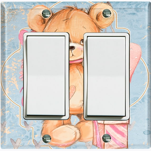 Metal Light Switch Wall Plate Outlet Cover (Teddy Bear Love Heart Flower Bouquet Balloon Present Blue - Double Rocker)