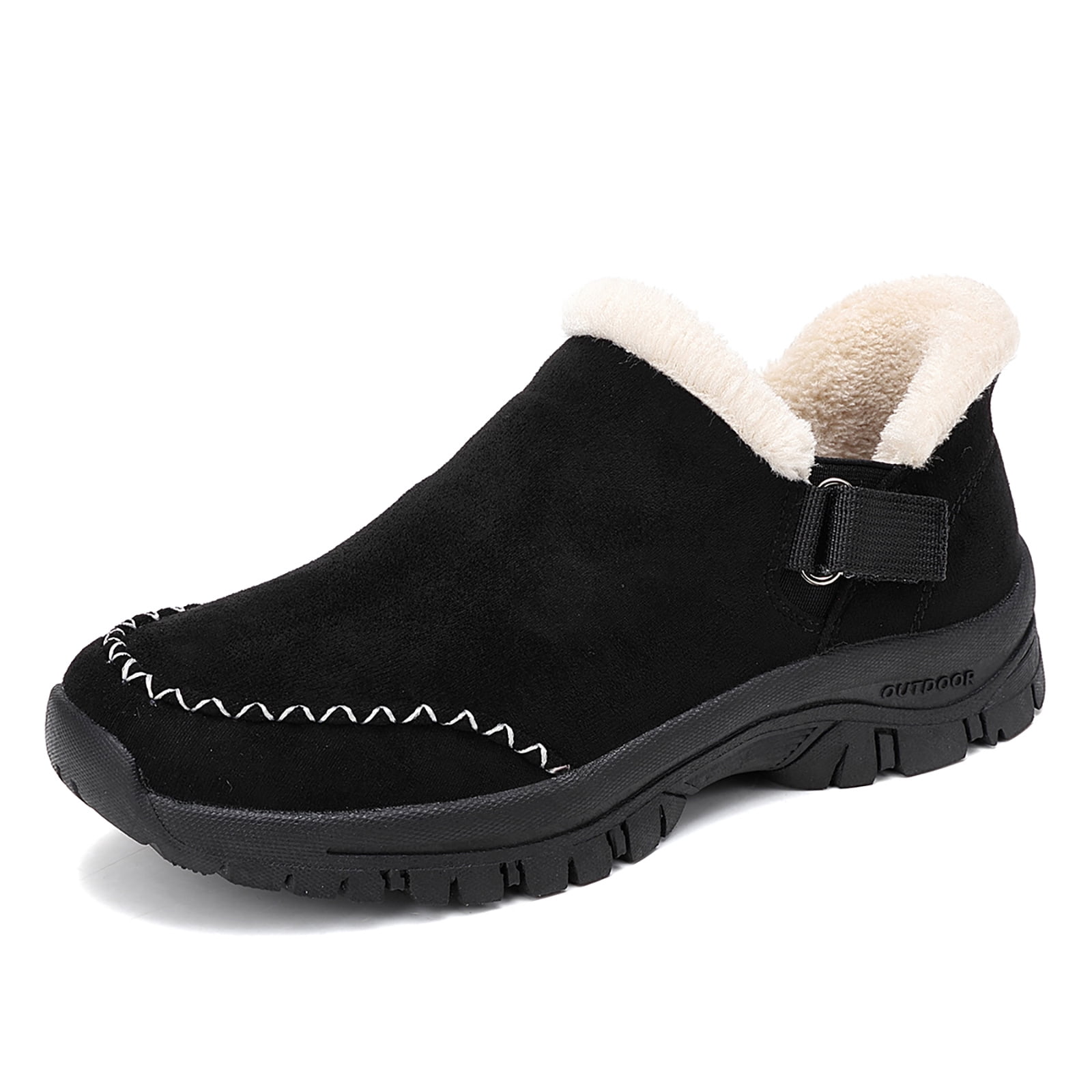Dakaela Womens Winter Snow Boots Fleece Lined Hiking Slip on Loafers Sneakers Outdoor Plush Short Booties Shoes Black 6