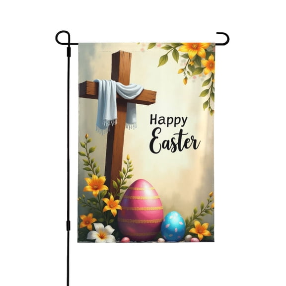 Happy Easter Cross Garden Flag 12.5x18 Inch Double Sided Burlap Lily Easter Eggs Yard Flags Farmhouse Holiday Outdoor Decor 1 Flag