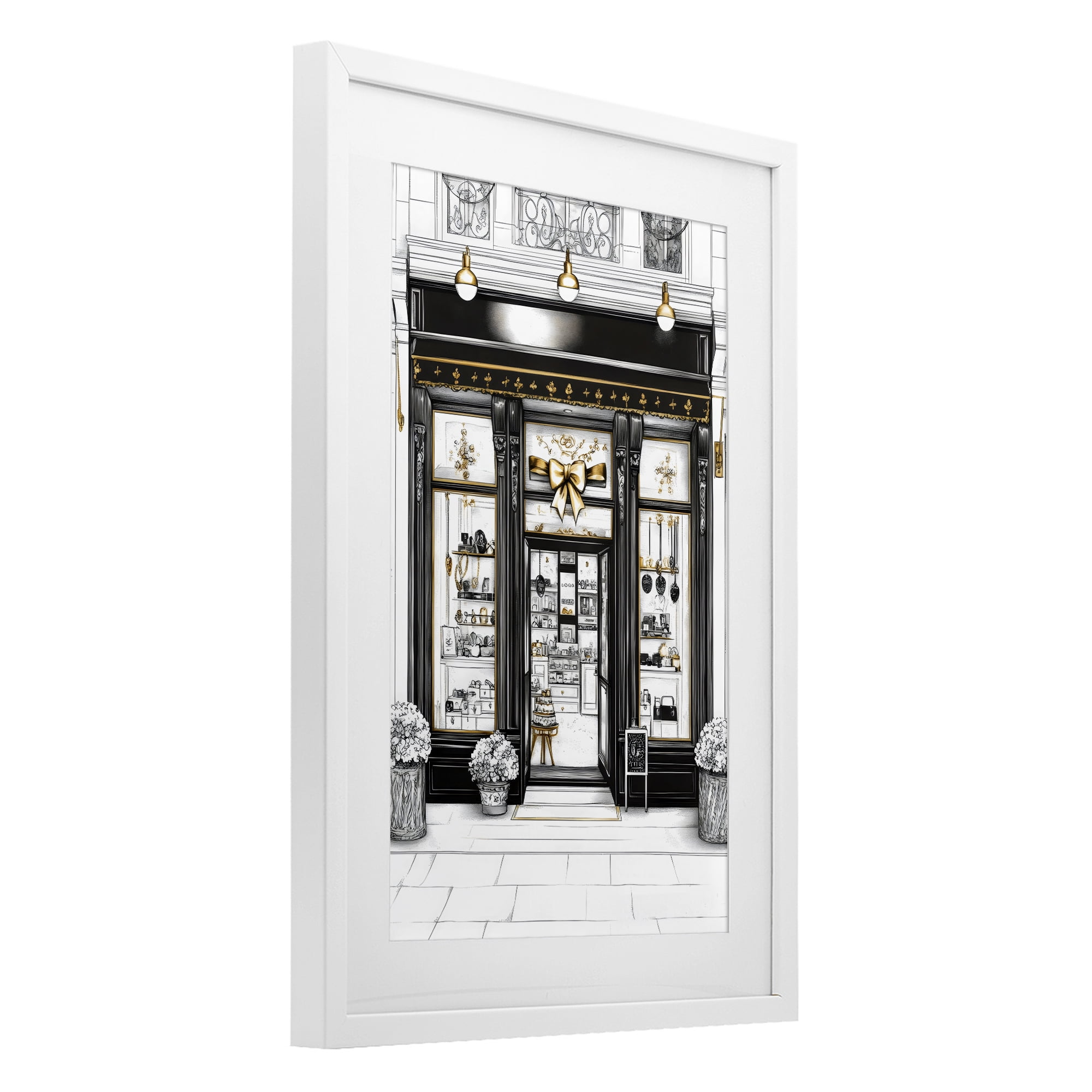Stupell Industries Glam Paris Shop Facade White Framed Print Under Glass, design by Petal Prints Design