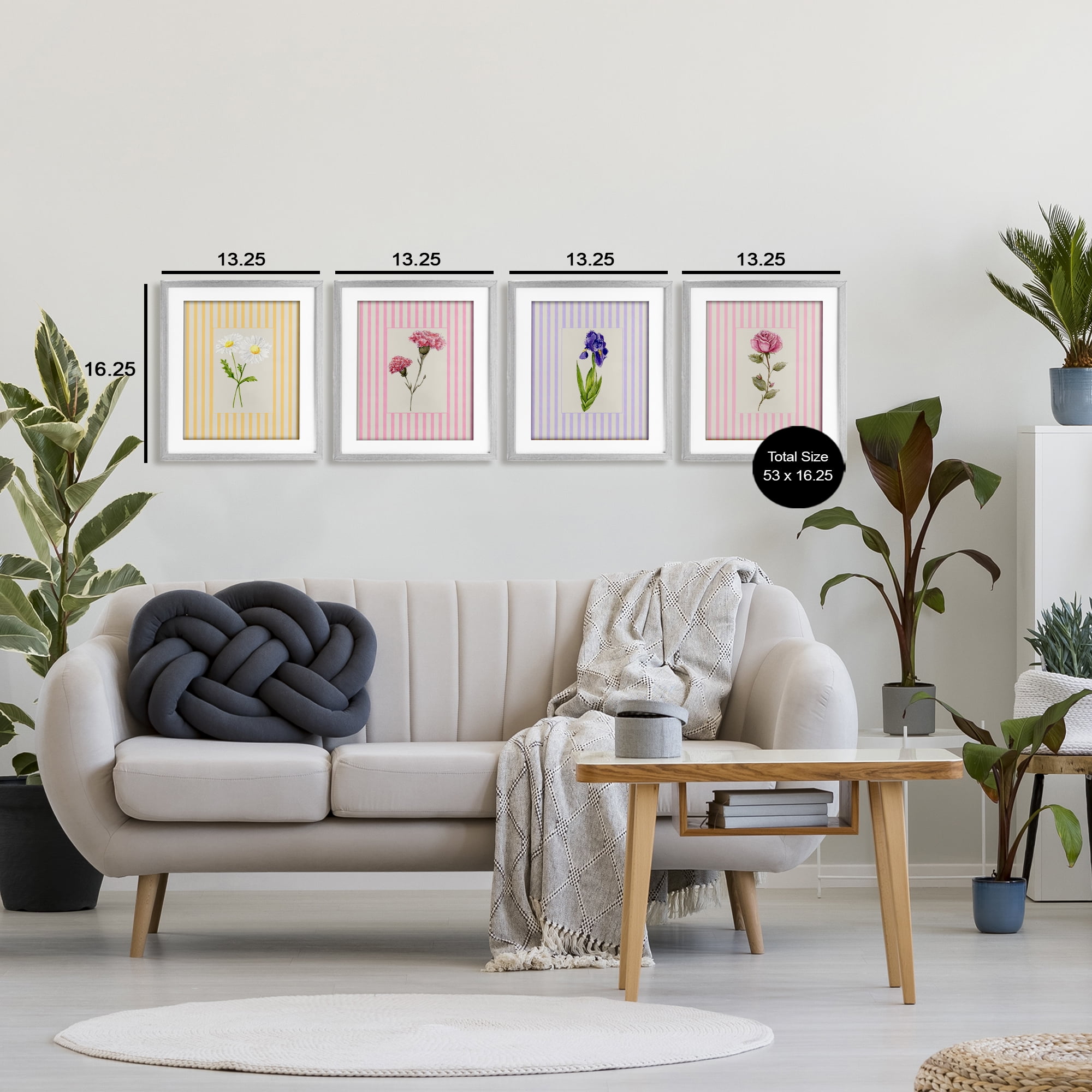 Cottage Stripe Sprigs 4 Piece Gray Framed Print Under Glass Set, design by Lisa Wehmeyer