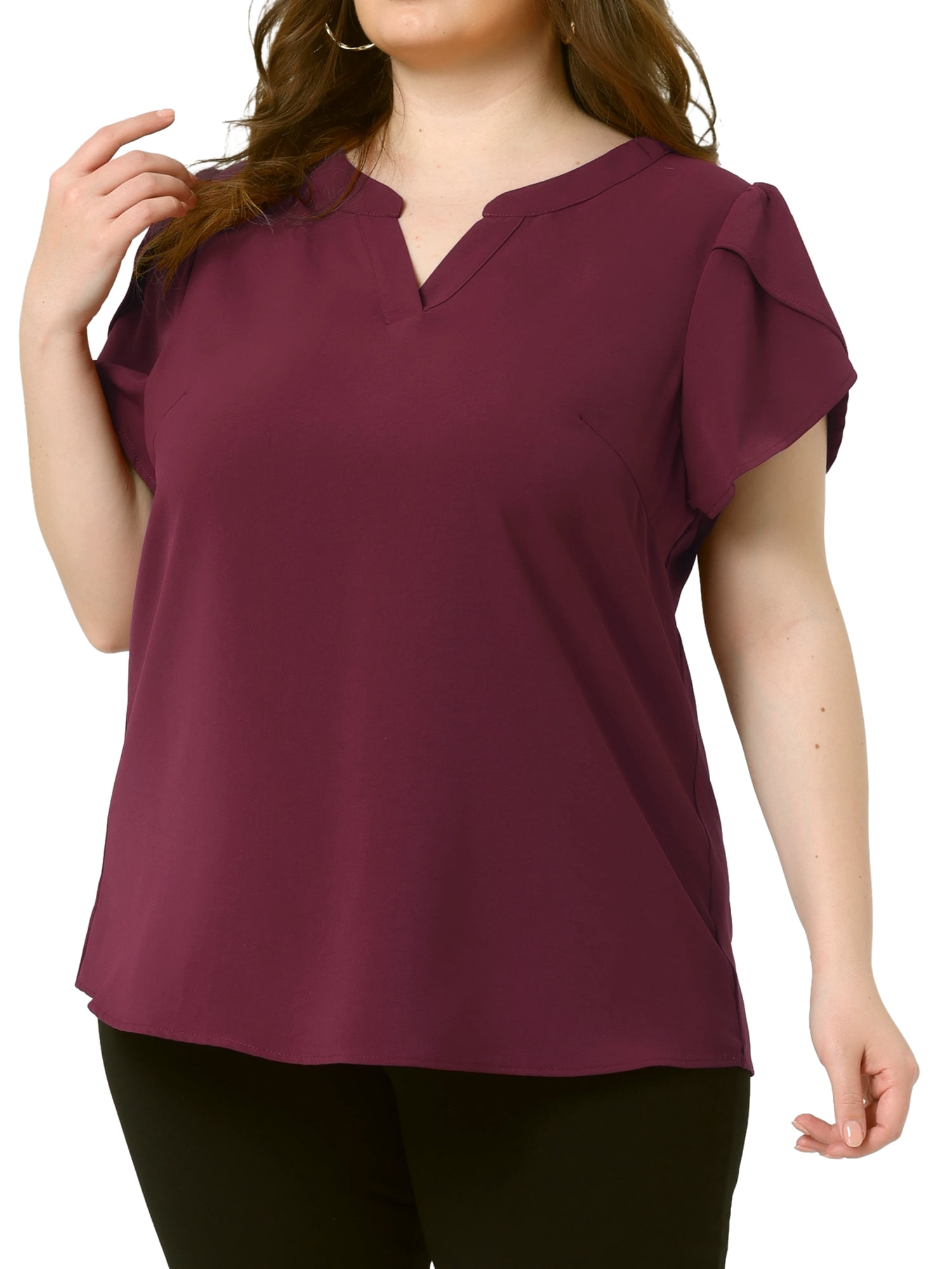 Women's Plus Blouses Notched V Neck Short Petal Sleeve Shirts Casual Dressy Tops 4X Burgundy