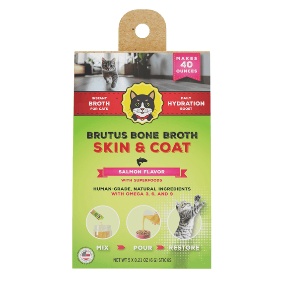 Brutus Bone Broth Cat Food Topper – Salmon-Flavored, Fortified with Omega 3, 6 & 9 from Marine Microalgae Oil for Skin & Coat, Savory Cat Broth for Mealtime Hydration 5-Pack Powder Sticks Makes 40 oz