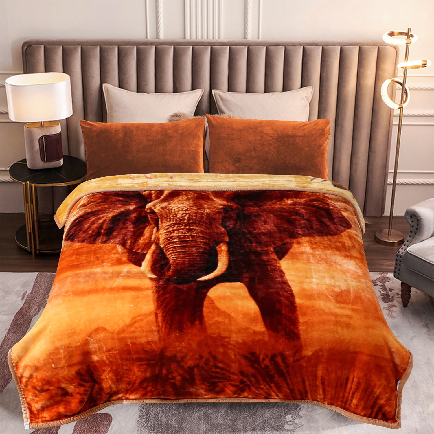 MERRY HOME King Size Fleece Blanket For Bed, A & B Patterns Soft Warm Animal Blanket, Microfiber Plush Middle Weight Bed Blanket For All Season, Deer /Elephant, 5.7LB, 83"x91"