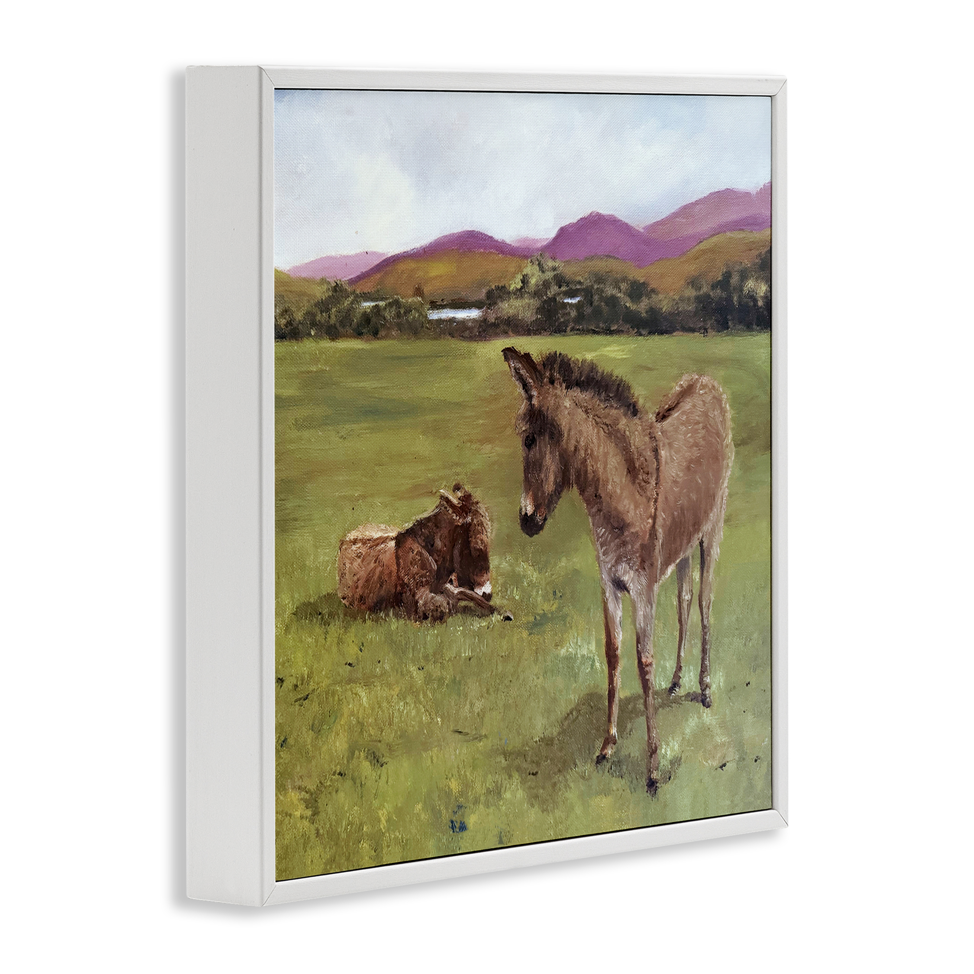 Donkey Duo in Pasture White Framed Giclee Art, design by Patricia Reynolds