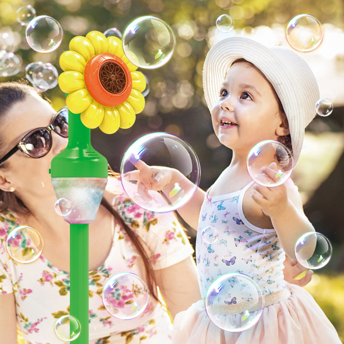 Flower Bubble Stand Machine,Sunflower Bubble Maker with Lights, Tall Adjustable Rechargeable Automatic Bubble Blower for Outdoor Backyard Party