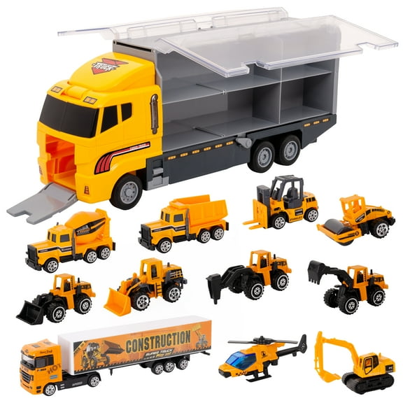 11 In 1 Die-Cast Construction Truck Vehicle Carrier  For Kids Playing Construction Trucks