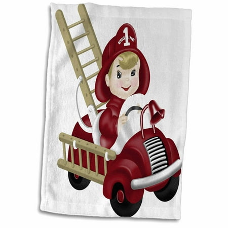 

3dRose Cute Firetruck With Little Boy Fireman Illustration - Towel 15 by 22-inch