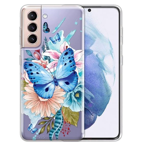 WIRESTER Transparent Soft Gel TPU Clear Case Slim Protective Cover for Samsung Galaxy S22+ / S22 Plus 6.5" 2022, Watercolor Blue Butterfly Flower