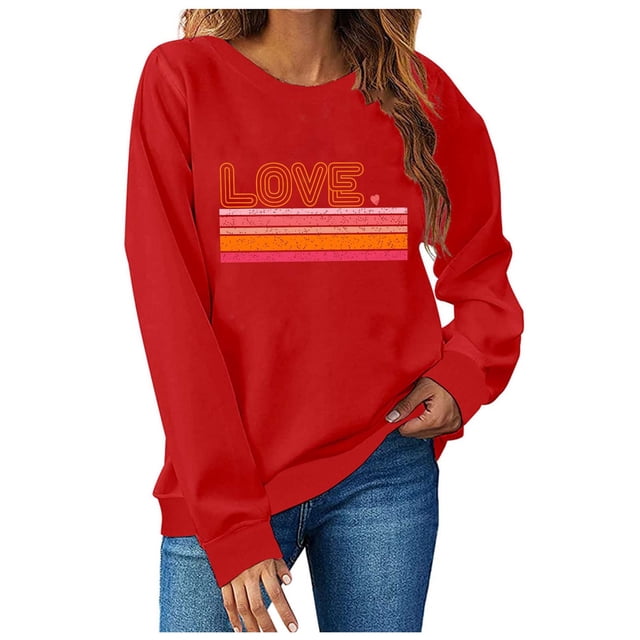 TIMIFIS Chandails Rouges de la Saint-Valentin pour Femmes Col Rond Manches Longues Chandail Ample Décontracté Tenues Printemps Automne Chandail Cœur Chemises - Printemps/été