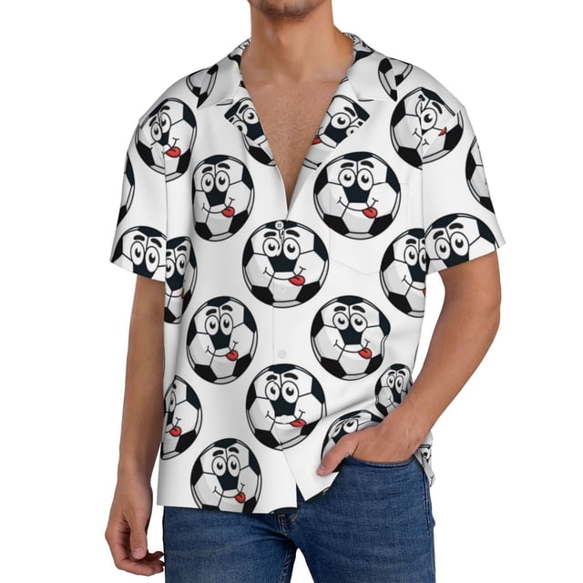 Balery Happy Football Camisa Casual de Manga Corta con Botones para Hombre, Texturizada, Estilo Cubano, para Playa, Verano-Medium