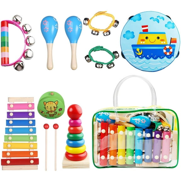 Kids Musical Instruments, Musical Instruments Wood Xylophone for Kids Children, Child Wooden Music Shakers Percussion Instruments Tambourine Birthday Gifts Present with Carrying Bag