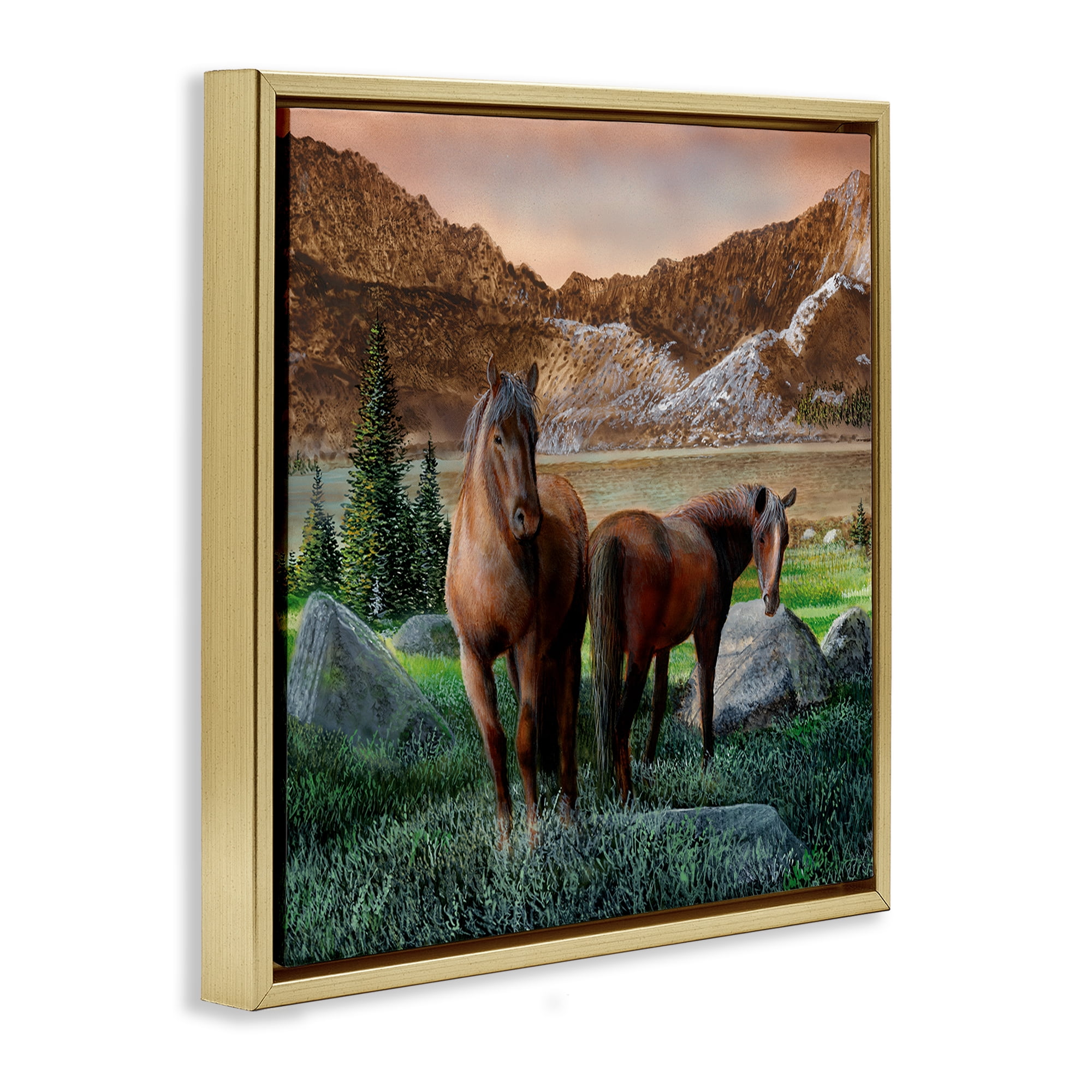 Stupell Industries Two Horses by Mountain Landscape & Nature Painting Gold Floater Framed Canvas Art Print Wall Art, 18 x 18