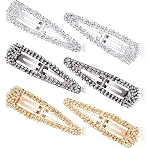6 Pieces Rhinestone Hair Clips 3 Inch Snap Hair Barrettes Bridal Hair Barrettes Pins for Women Girls Wedding Hairpins Hair Accessories (Black, Silver, Gold)