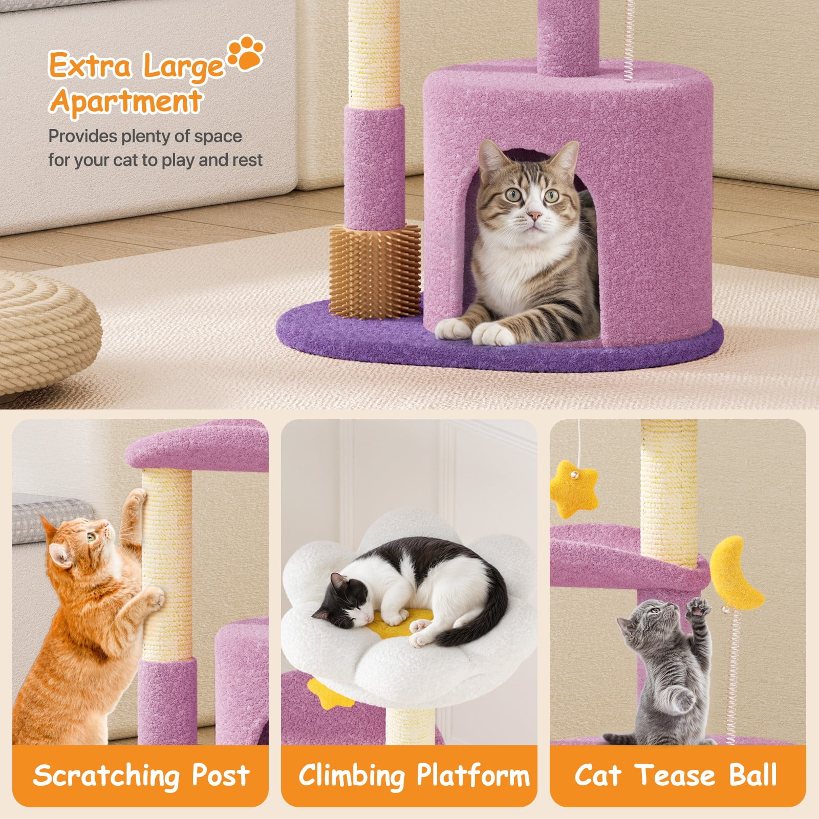 OSM 33-inch Floral Cat Tree for Indoor Cats, Compact Cat Tower with Scratching Posts, Cozy Condo, Flower Perch & Dangling Toys for Kittens & Small Cats, Purple