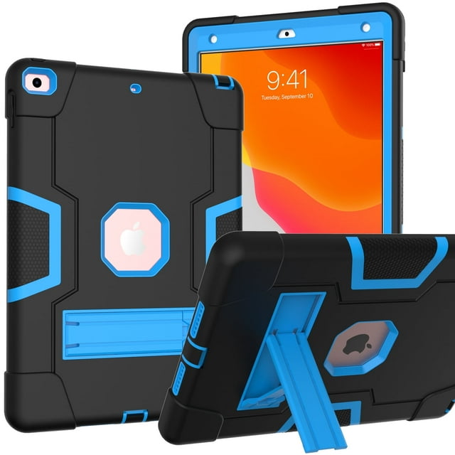 TECH CIRCLR Étui pour iPad 9e 8e 7e Génération 10.2 Pouces, Étui à Trois Couches Antichoc avec Support, Protection Intégrale Hybride Résistante aux Chocs, Noir+bleu