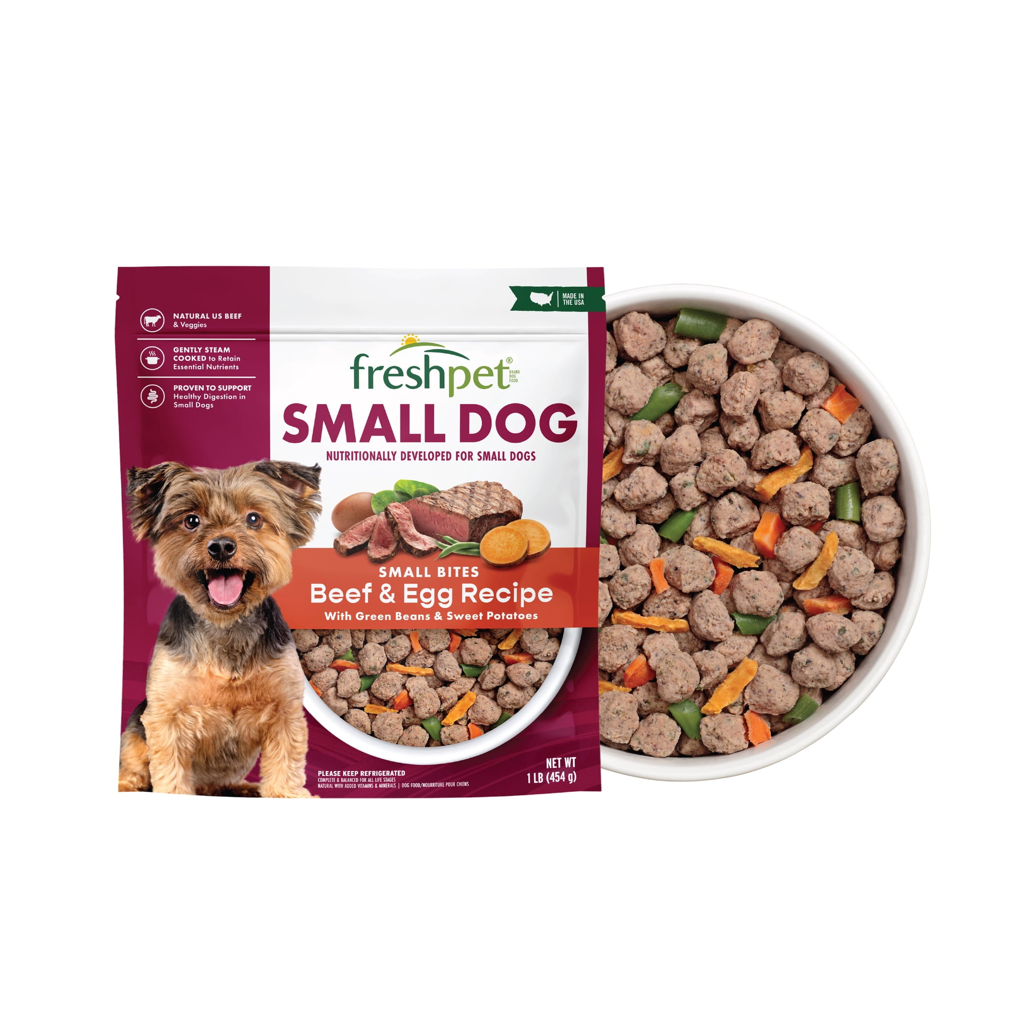 Freshpet Fresh Dog Food, Small Dog Beef & Egg Recipe, Small Bites Freshly Roasted Meals, 1 lb.