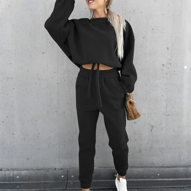 Babysbule Ensembles Lounge pour Femmes Liquidation Hauts de Loisirs à Manches Longues à Col Rond avec Poche + Ensemble Pantalon Survêtement Tenue d'Intérieur