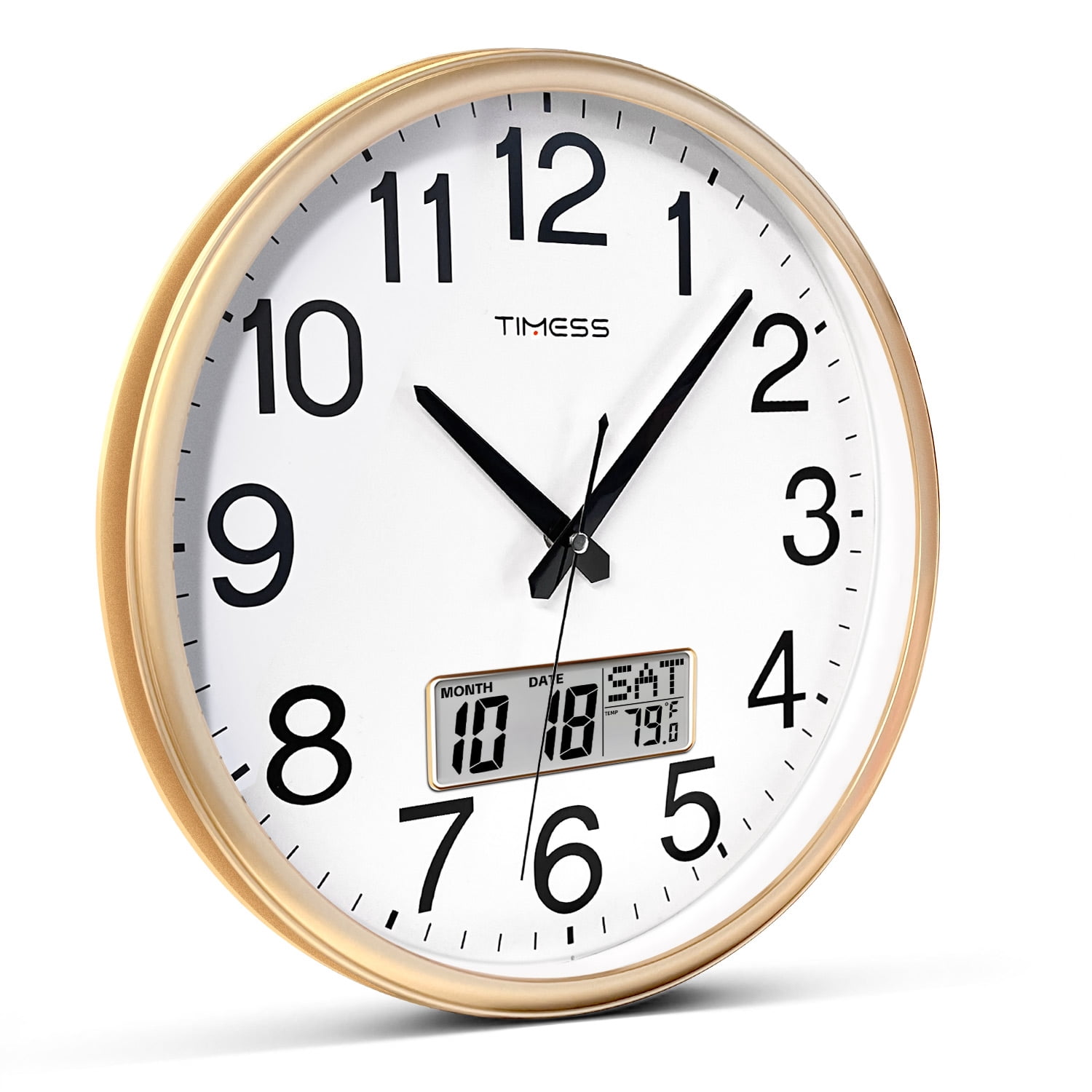 TIMESS 13" Digital Wall Clock with Gold Frame, Calendar & Temperature Display, Silent Movement