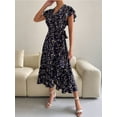 thumbnail image 5 of Navy Blue Floral Print Ruffle Sleeve Wrap High-Low Maxi Dress For Women, 5 of 8