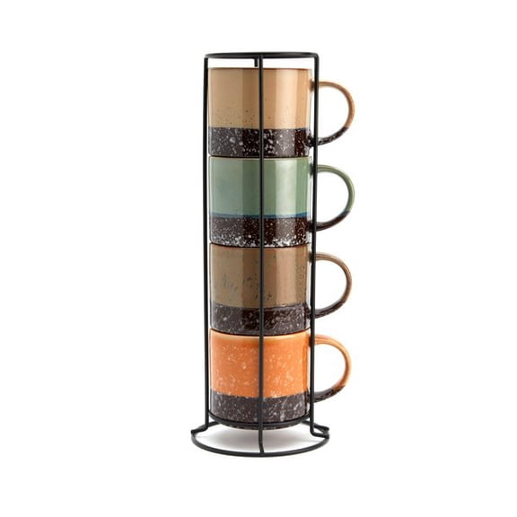 Marcelle 5 Piece Stackable Stoneware Coffee Mug Set with 14 oz Capacity and Stand