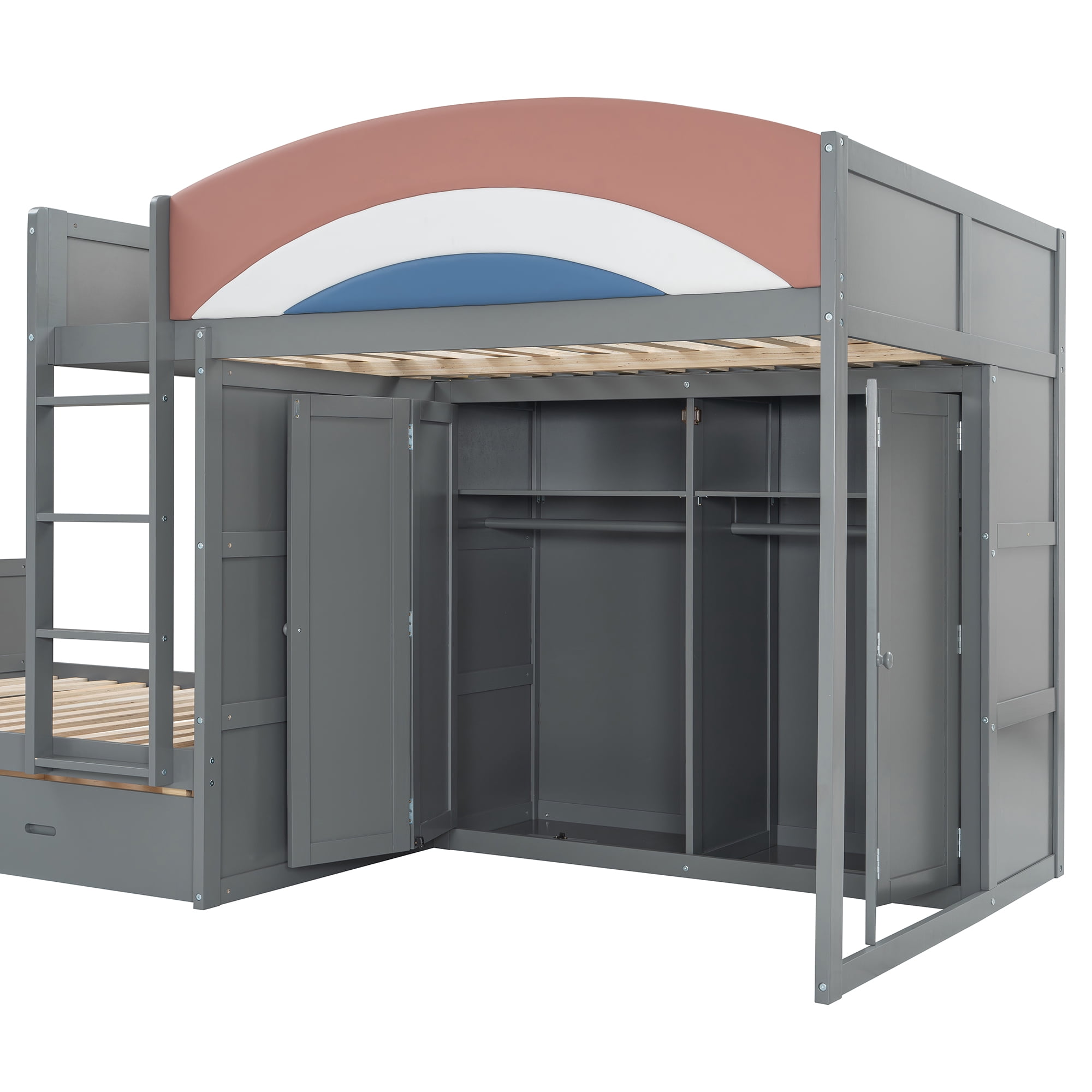 Mintazer Full Over Full Bunk Bed with Wardrobe & 2 Drawers, Platform Bed with Rainbow Guardrail for Kids Bedroom, Gray