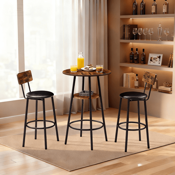 ROOMARK 3 Pieces Round Bar Table and Chairs Set with 2-Tier Storage & 2 PU Upholstered Bar Stools for Kitchen, Dining Room, Living Room, Bar, Cafe, Small Space Corner, Rustic Brown