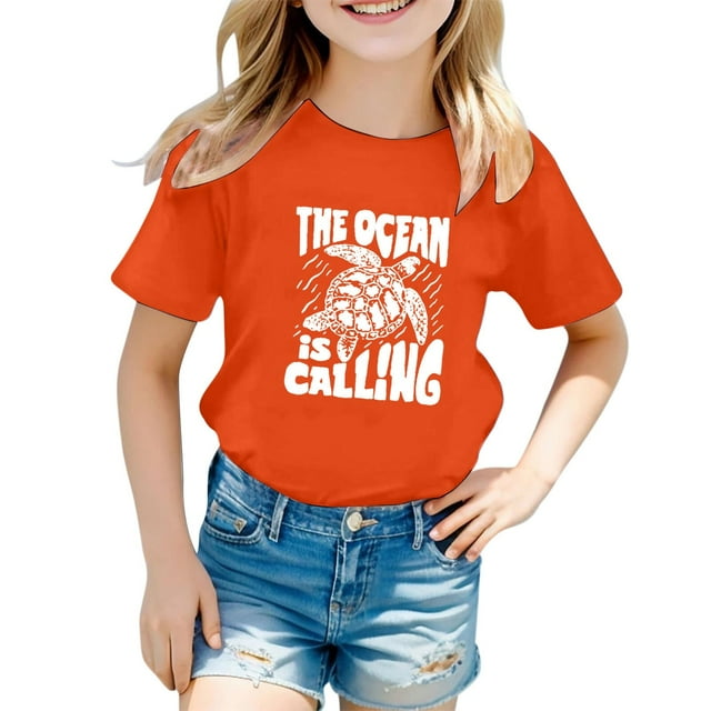 MEZZALL T-Shirts Décontractés pour Enfants avec Motif de Lettres Multicolores, Col Rond, Manches Courtes, Orange, 12-13 Ans