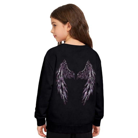 Girls Tracksuit Pullover Hoodie With Sparkly Wing Design Kids Casual Outfit Printed Crewneck Sweatshirt