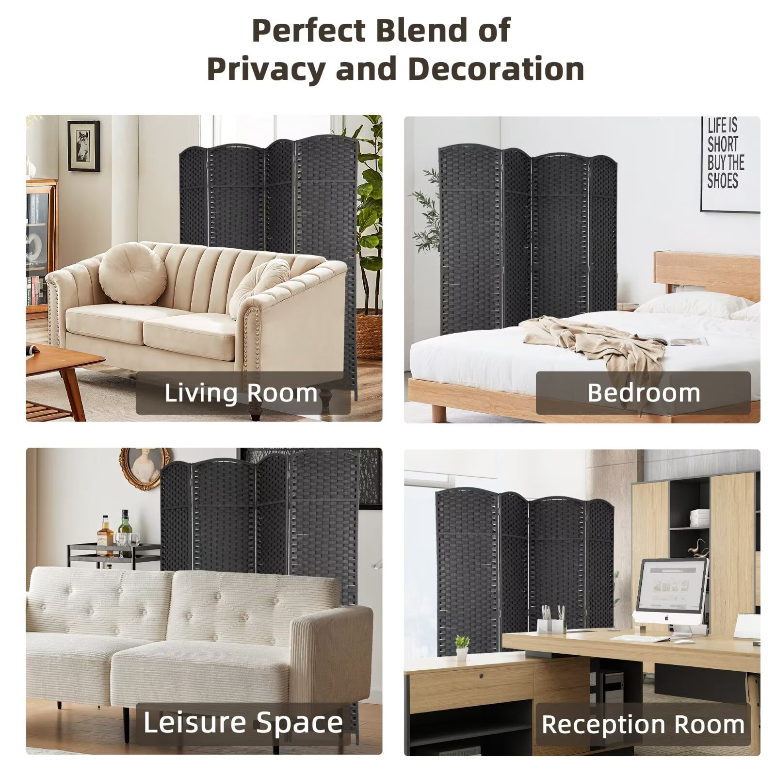 YRLLENSDAN 4 Panels Folding Portable Room Dividers, Free Standing Indoor and Outdoor Privacy Screens for Patio, 66.9 Inches Tall Chinese Wall Divider for Room Separation, Black