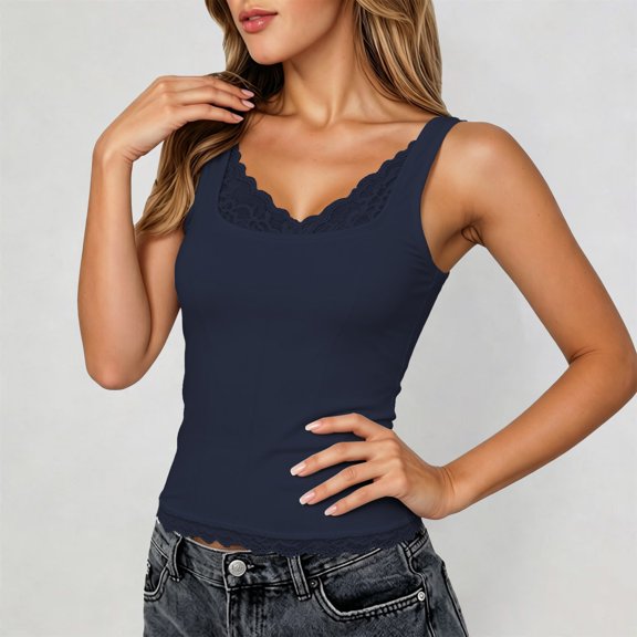 Elegant Lace Trim Tank Top Soft Solid Camisole With Delicate Frill Gathers For Everyday Wear Women's Casual Summer, S, Navy
