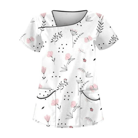 

EHTMSAK Scrub Top Women Floral with Pocket Nurses Uniform Workwear Tunic Casual Short Sleeve V-Neck Clinic Blouse Carer Top on Clearance Black 5X