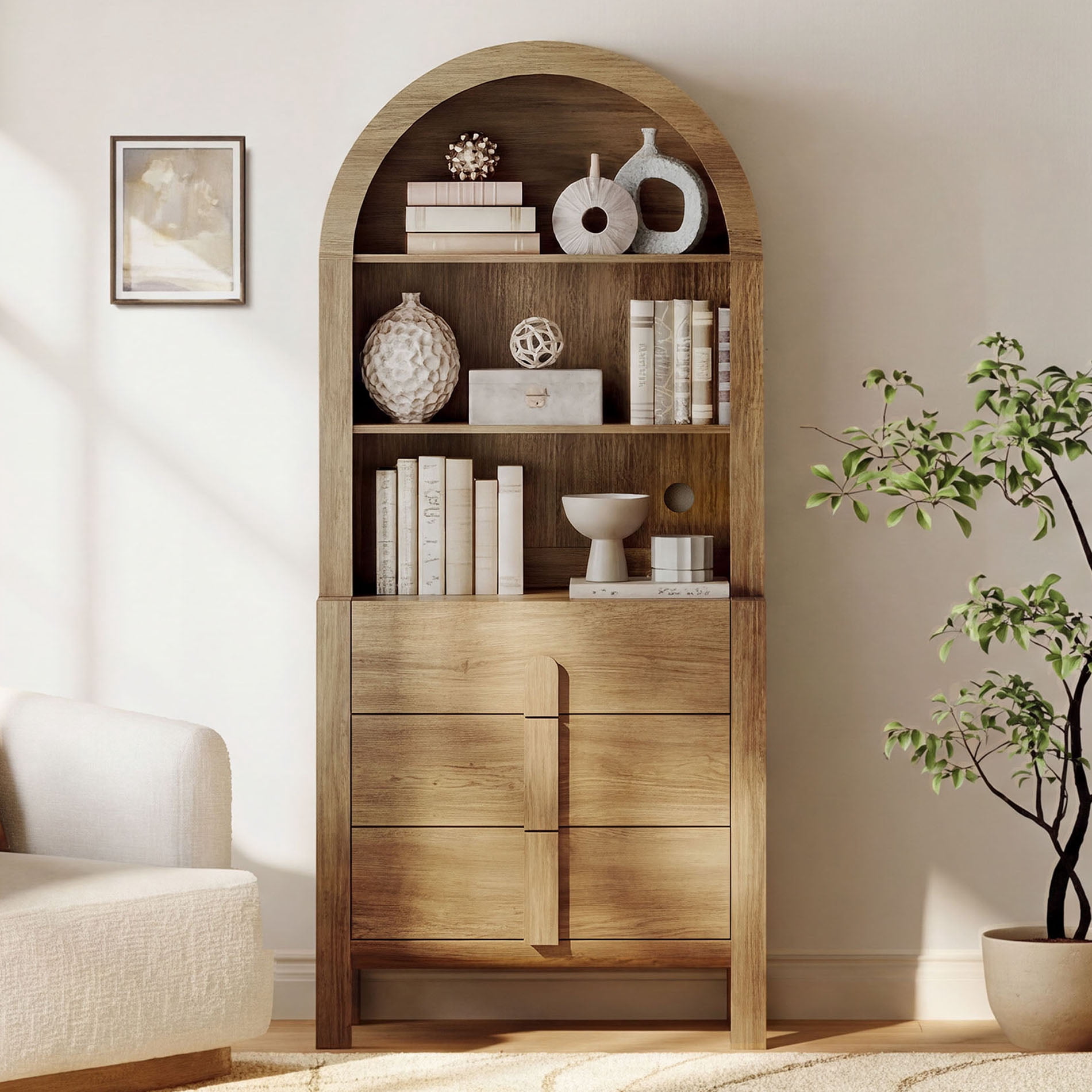 71” Tall Arched Bookshelf, Modern 3 Tier Bookcase with Open Storage, Wooden Display Cabinet with Drawer and Adjustable Shelves, Versatile Bookshelf for Living Room, Study, Office