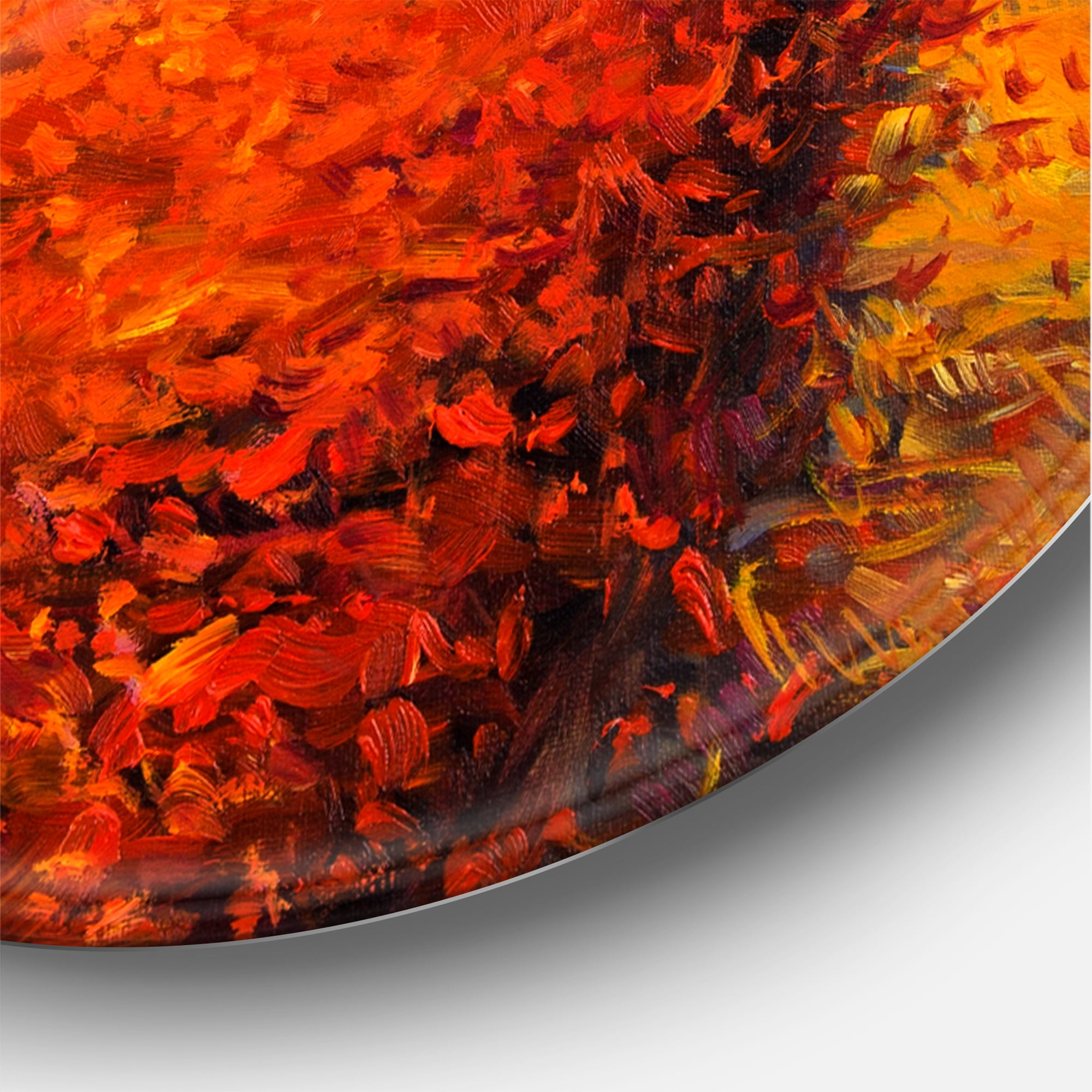 Designart 'Little Bridge In Deep Orange Autumn Landscape I' Traditional Circle Metal Wall Art 36x36 - Disc of 36