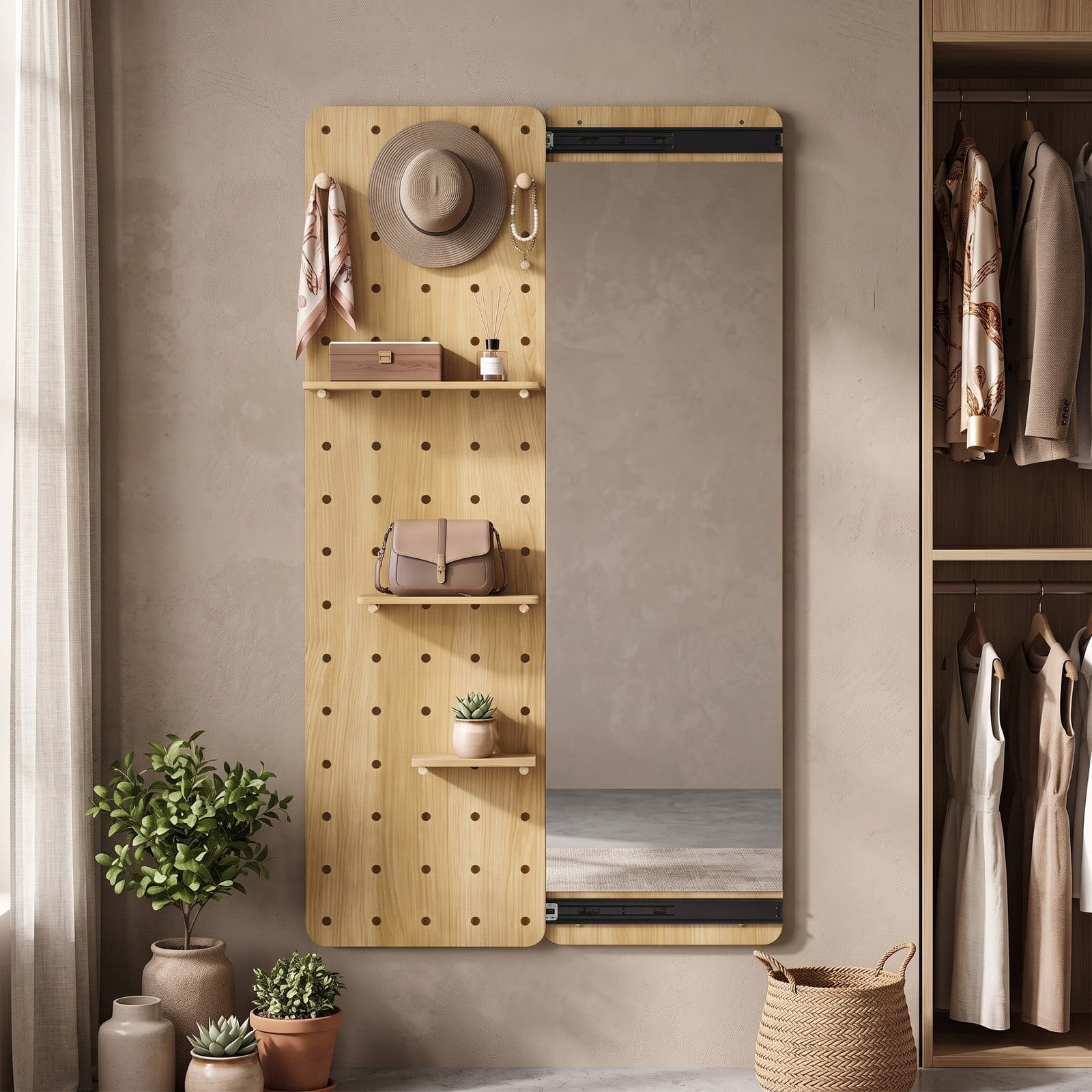 ALPULON Solid Wood Full Length Mirror with Sliding Pegboard, Shelves and 3 Hooks, Wall Mounted HD Floor Mirror for Entryway Bedroom Closet, Natural