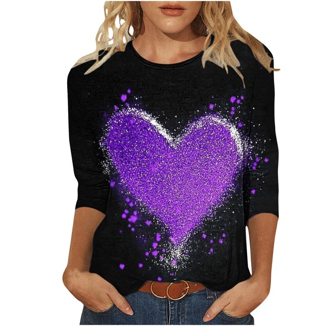 FMFYFH T-Shirts Grande Taille de la Saint-Valentin pour Femmes Manches 3/4 Col Ras du Cou T-Shirts Basiques T-Shirts Décontractés Mode T-Shirts de Travail Business Haut