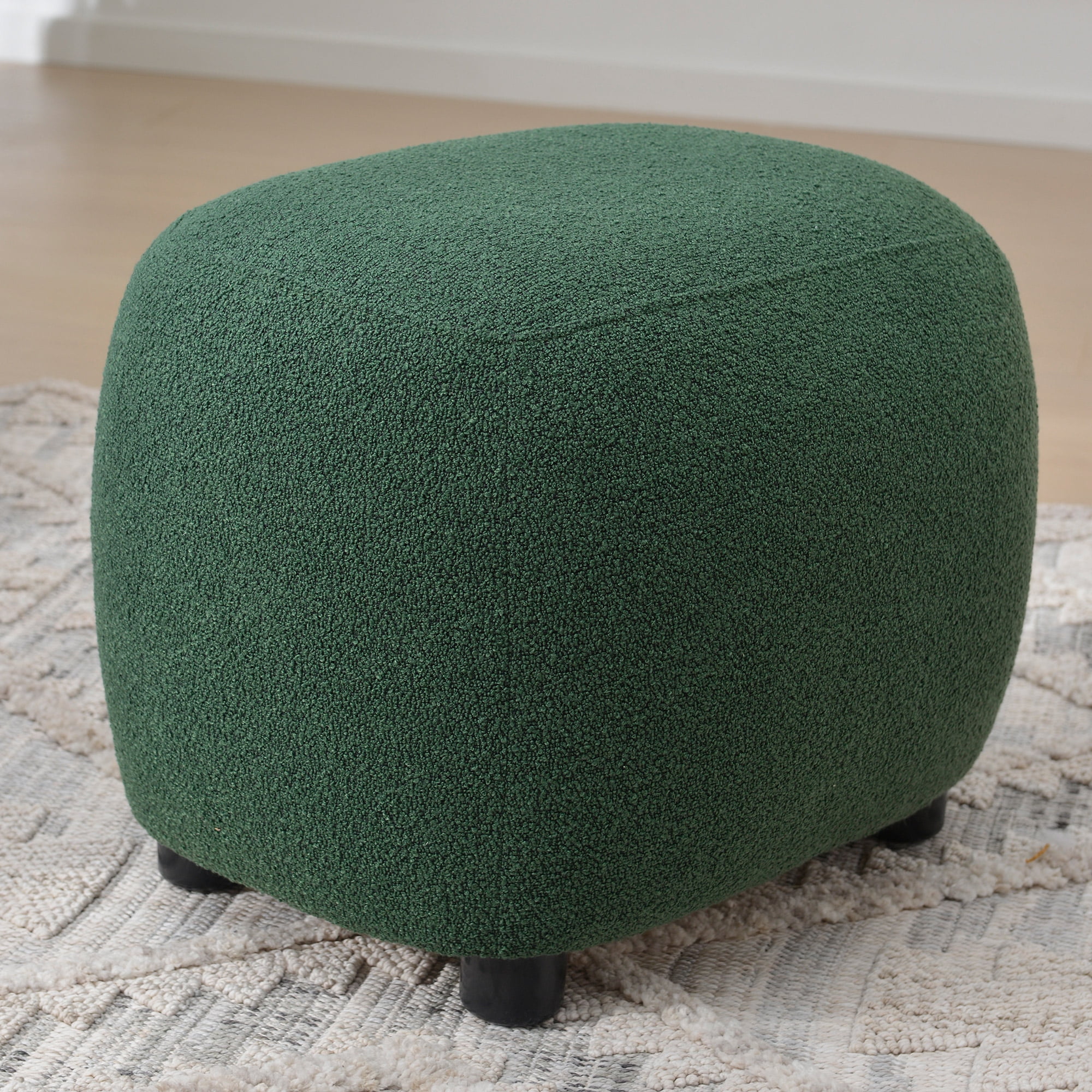 Round Boucle Upholstered Ottoman Chair, Footstool with Soft Padded Seat, Fully Assembled Modern Sofa Couch Footrest, Extra Seating for Bedroom Entryway, Green(18.5" D x 23" W x 16.5" H)