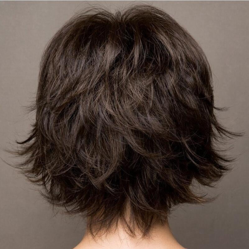Wig short straight hair fluffy short bangs dark brown women's oblique bangs wig