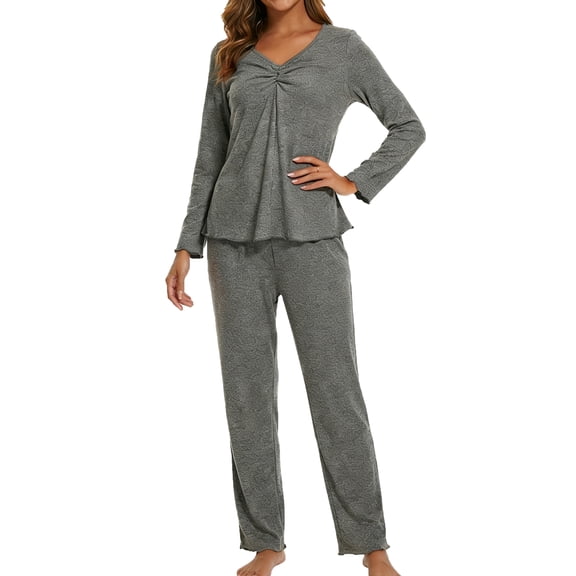 MecTo Women Pajamas Sets, Lady Solid V-neck Long-Sleeved PJ, 2 piece, Size M