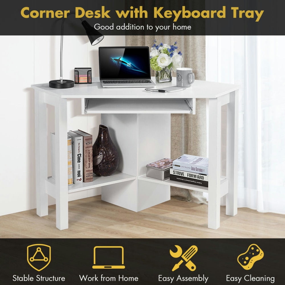 Demi Bonn Wooden Computer Corner Desk with Drawer for Home Office Sturdy Writing Workstation, White