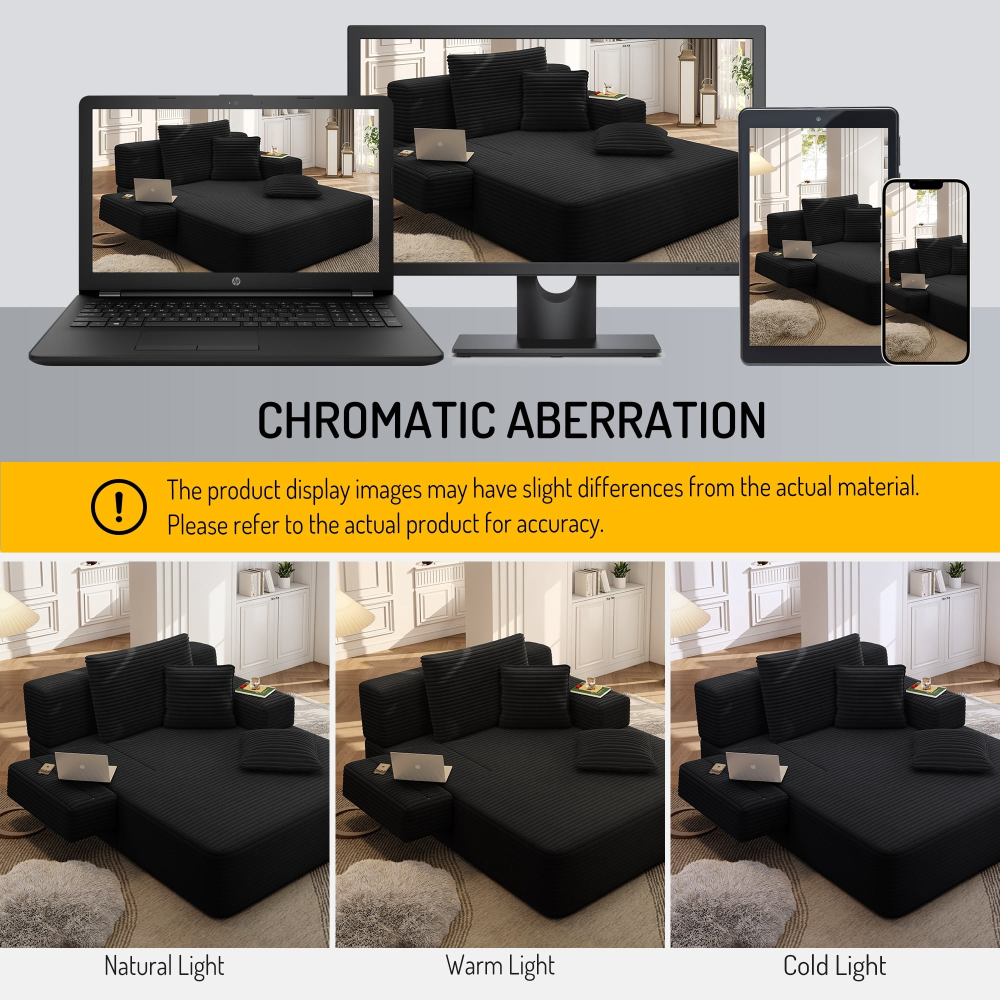 Alvantor Oversized Corduroy Convertible Chaise Lounge Sofa Bed, Black