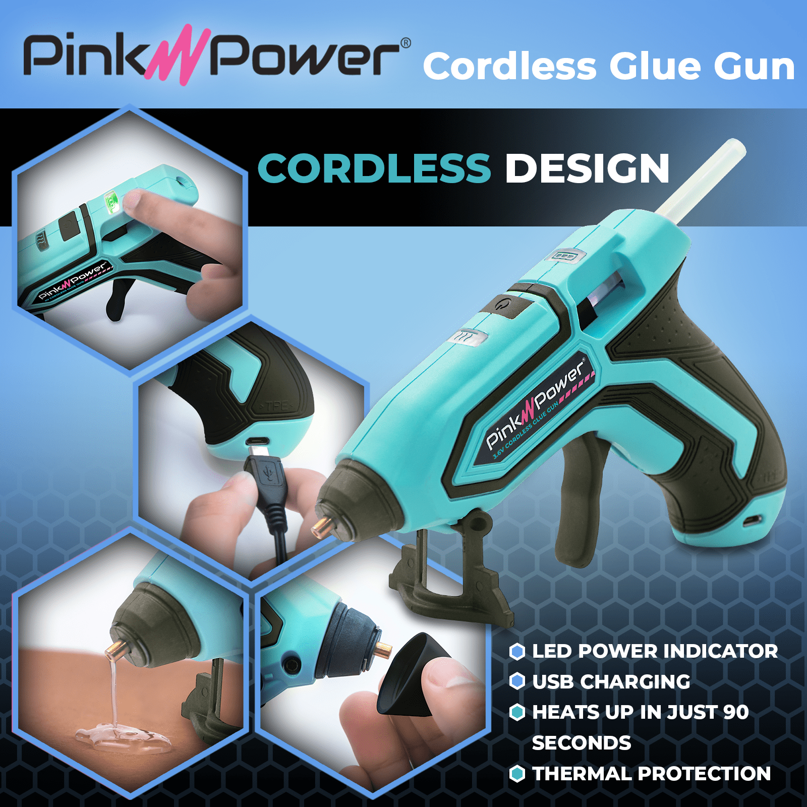 Pink Power Cordless Mini Hot Glue Gun with Stand - USB Rechargeable Wireless Hot Melt Glue Gun Kit with 20 Glue Sticks - Battery Operated Cordless Glue Gun for Crafts - Portable Blue Hot Glue Gun