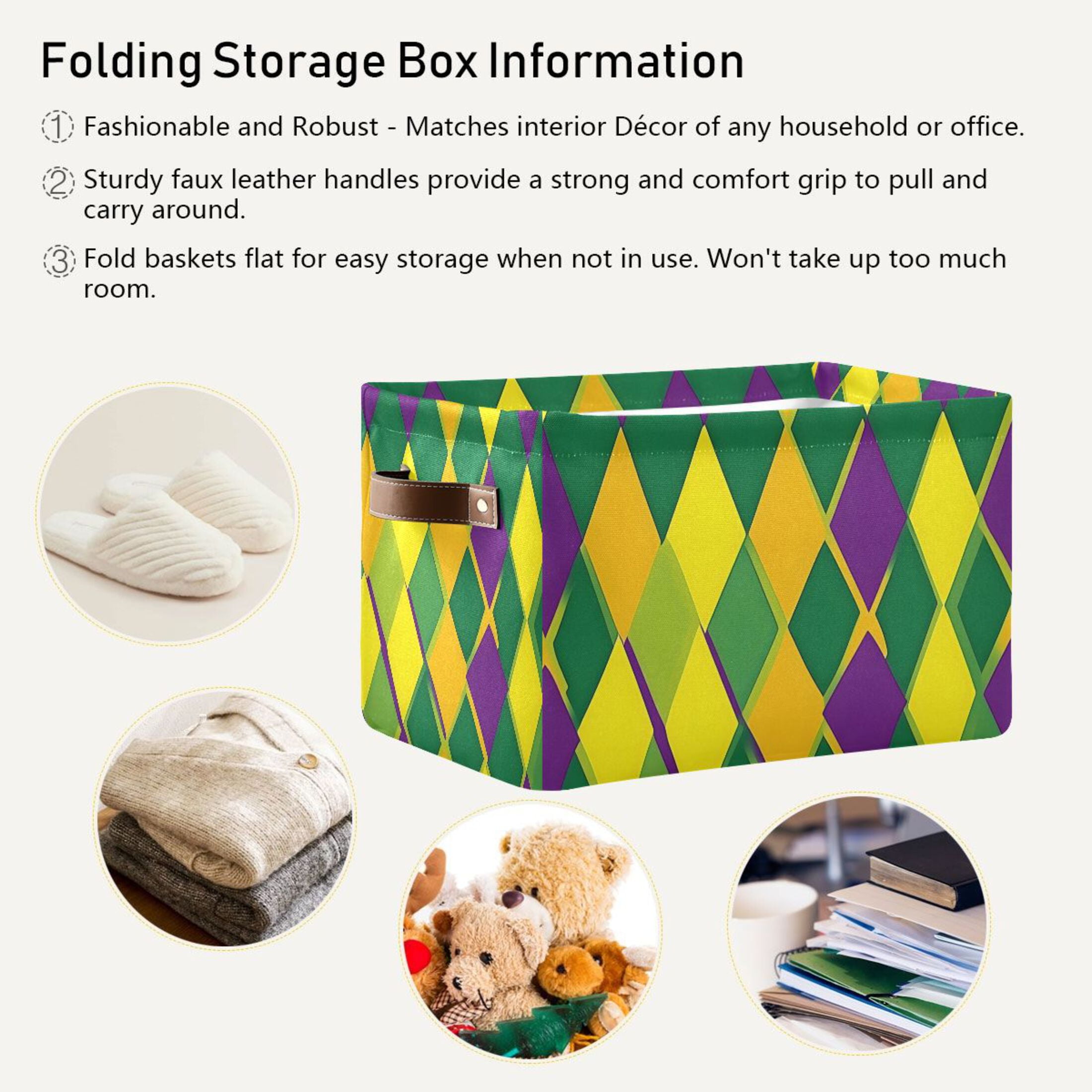Ryvnso Mardi Gras Checkered Storage Basket Large Bin Foldable Boxes Toys Organizer 14.2x10.2x8.3in 2 PCs