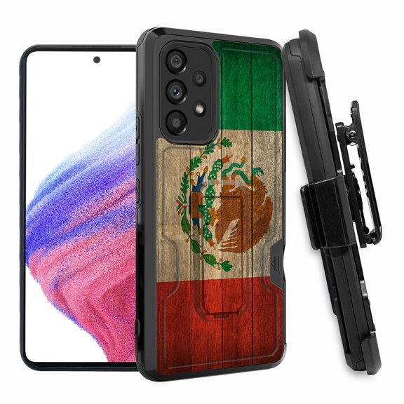 ANJ  Rugged Shockproof Hoster Case w/Card Slot, Kickstand   Tempered Glass Cover for Samsung Galaxy A33 5G - Mexican Flag on Wood