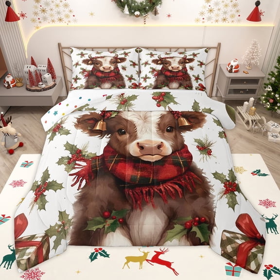 Homewish Highland Cattle Teen Twin Comforter Set, Christmas Flower Plant Bedding, 2pcs